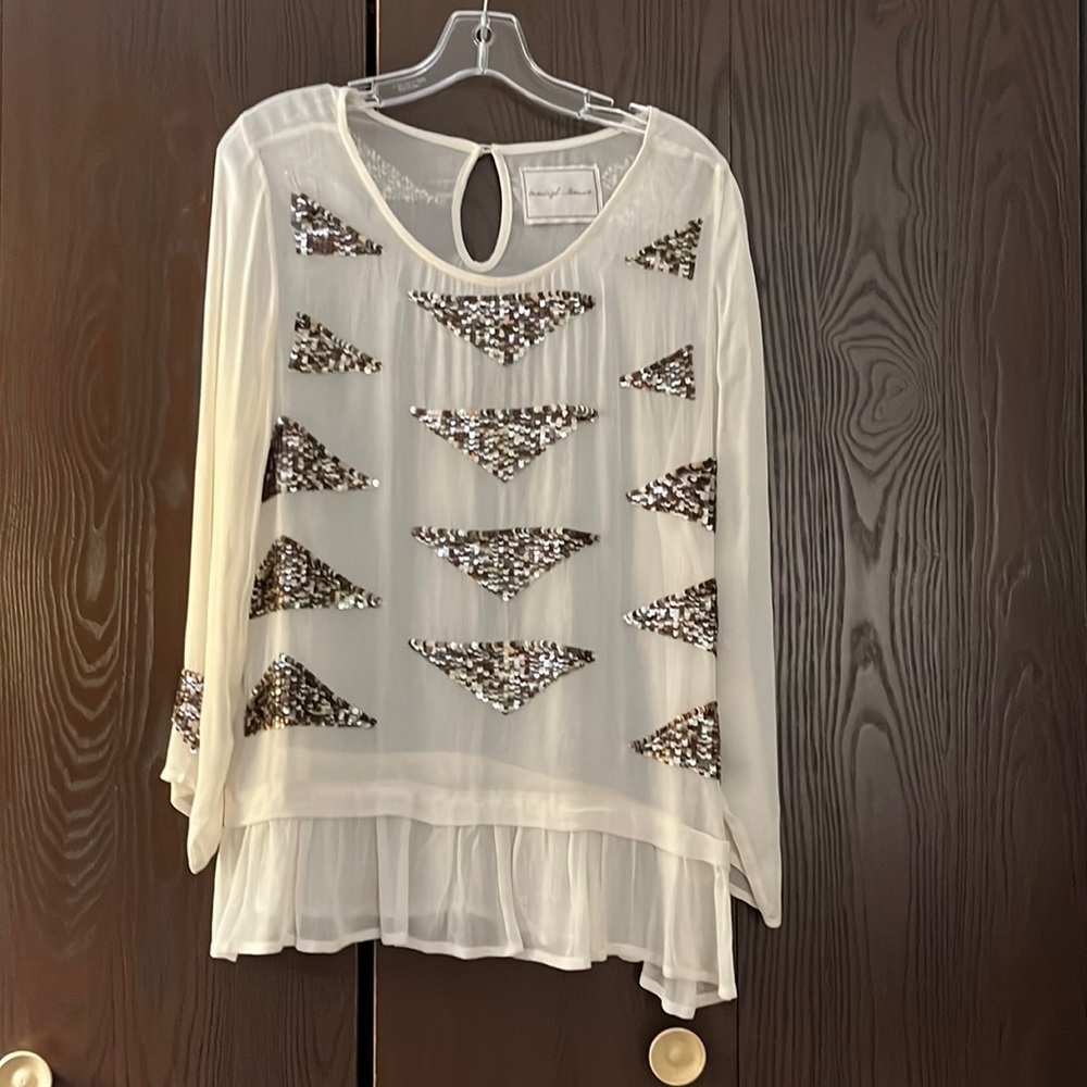 Beautiful Stories cream sheer long sleeved blouse with sequined triangles. Large